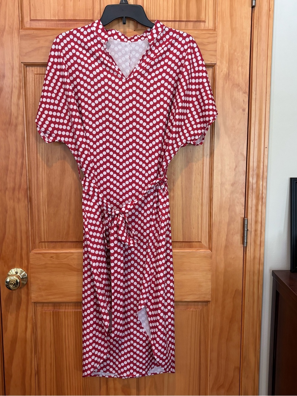 SHEIN Red Polka Dot Midi Dress with Tie Waist